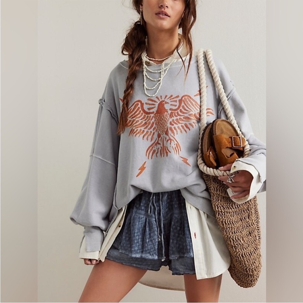 Free People Gray Sweatshirt with Rust Eagle Graphic